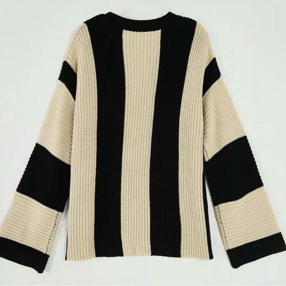 Women’s Colorblock Sweater Stripe, Round Neck, Casual-Black/Cream-XL - Picture 6 of 6